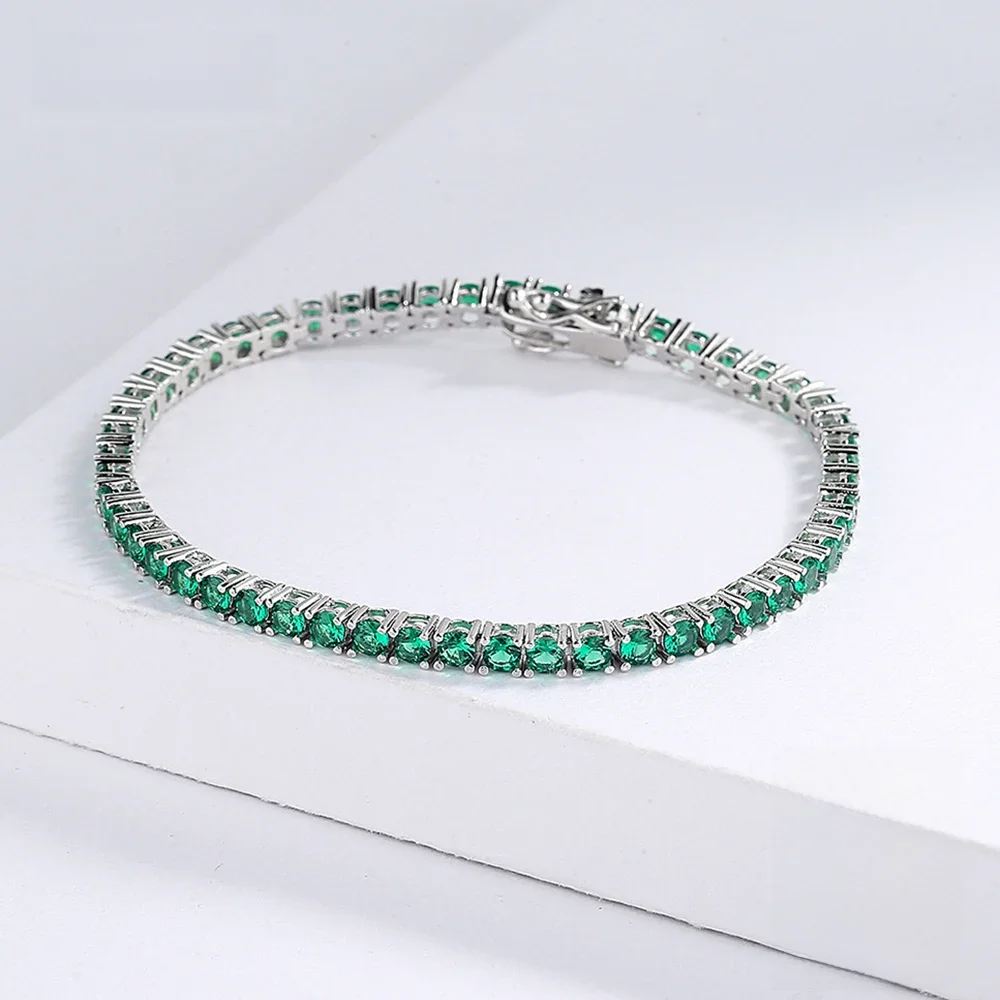 Prawdziwa srebrna metalowa bransoletka tenisowa 925 Pave 3MM Zielona cyrkonia 15-21 CM Hip Hop Rock Chain Drobna biżuteria dla kobiet / mężczyzn — zdjęcie 2