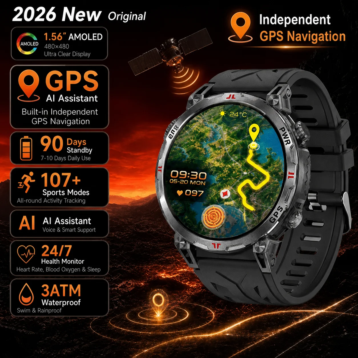 Robuste Smartwatch mit integriertem GPS & Kompass 1,56 Zoll Display,Bluetooth 5.3 Anruf,LED-Taschenlampe,107 Sportmodi,3ATM Wasserdicht,450mAh Akku,90 Tage Standby,KI ChatGPT,Herzfrequenzmessung