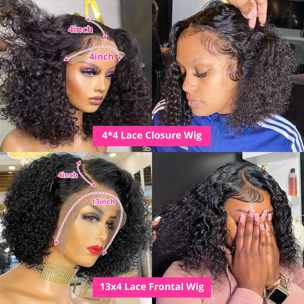 Brazilian Curly Short Bob 13x4 Lace Frontal Wig Human Hair Deep Wave Transparent 4x4 Lace Front Closure Wigs 200% Density 16Inch