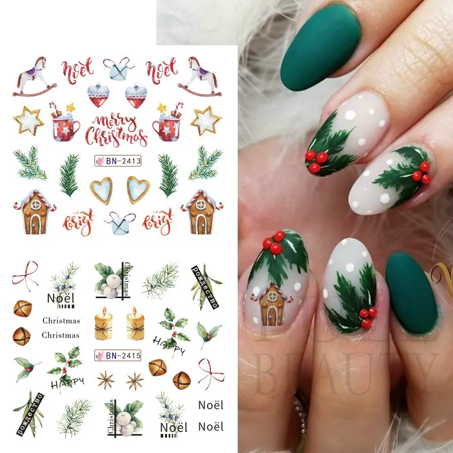 Christams Gingerbread Nails Stickers Xmas Bells Holly Water Sliders Sweet Coffee Cake Design Winter Decals Manicure BN2413-2424