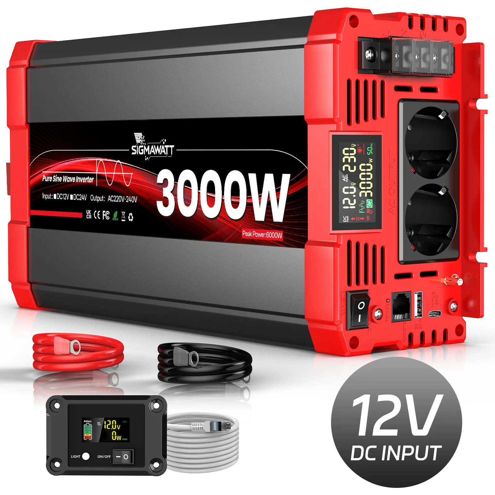 Zuivere Sinusgolf Omvormer DC 12V 24V AC 230V 3000W Nominaal 6000W Piekmacht LCD Display Afstandsbediening USB Type-C Auto voor Off-Grid