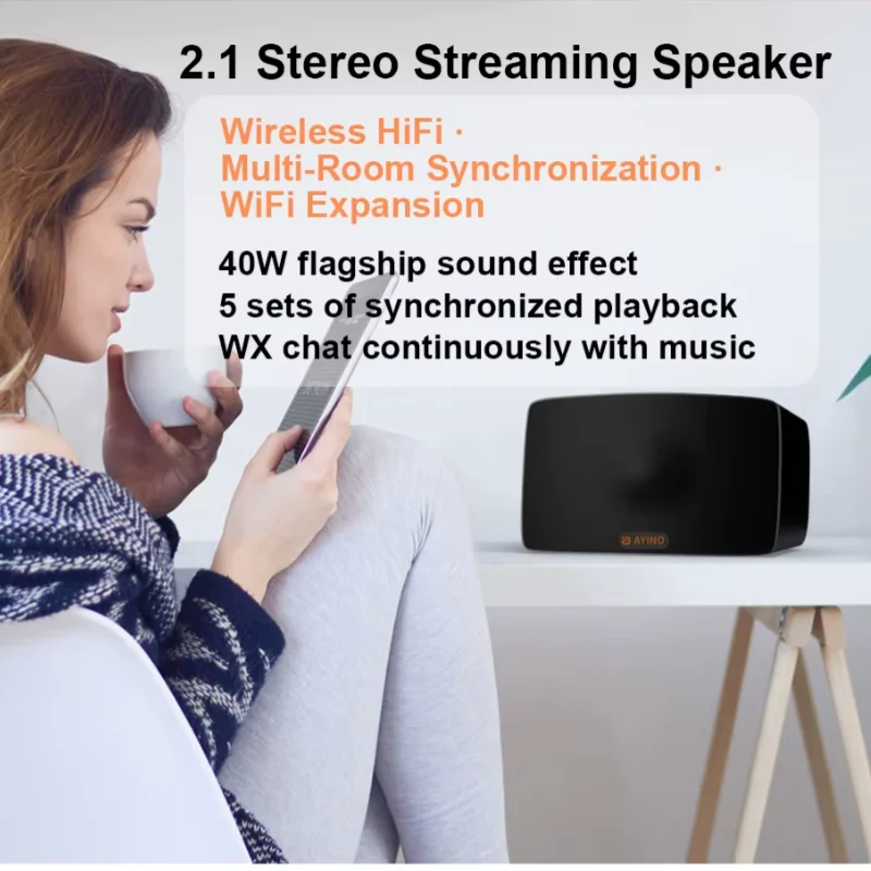 

Беспроводная умная колонка AYINO WS400 40W HiFi Sound 2.1 с поддержкой Wi-Fi, Bluetooth, проводного подключения, синхронизации по нескольким комнатам, совместимая с DLNA, AirPlay, QPlay