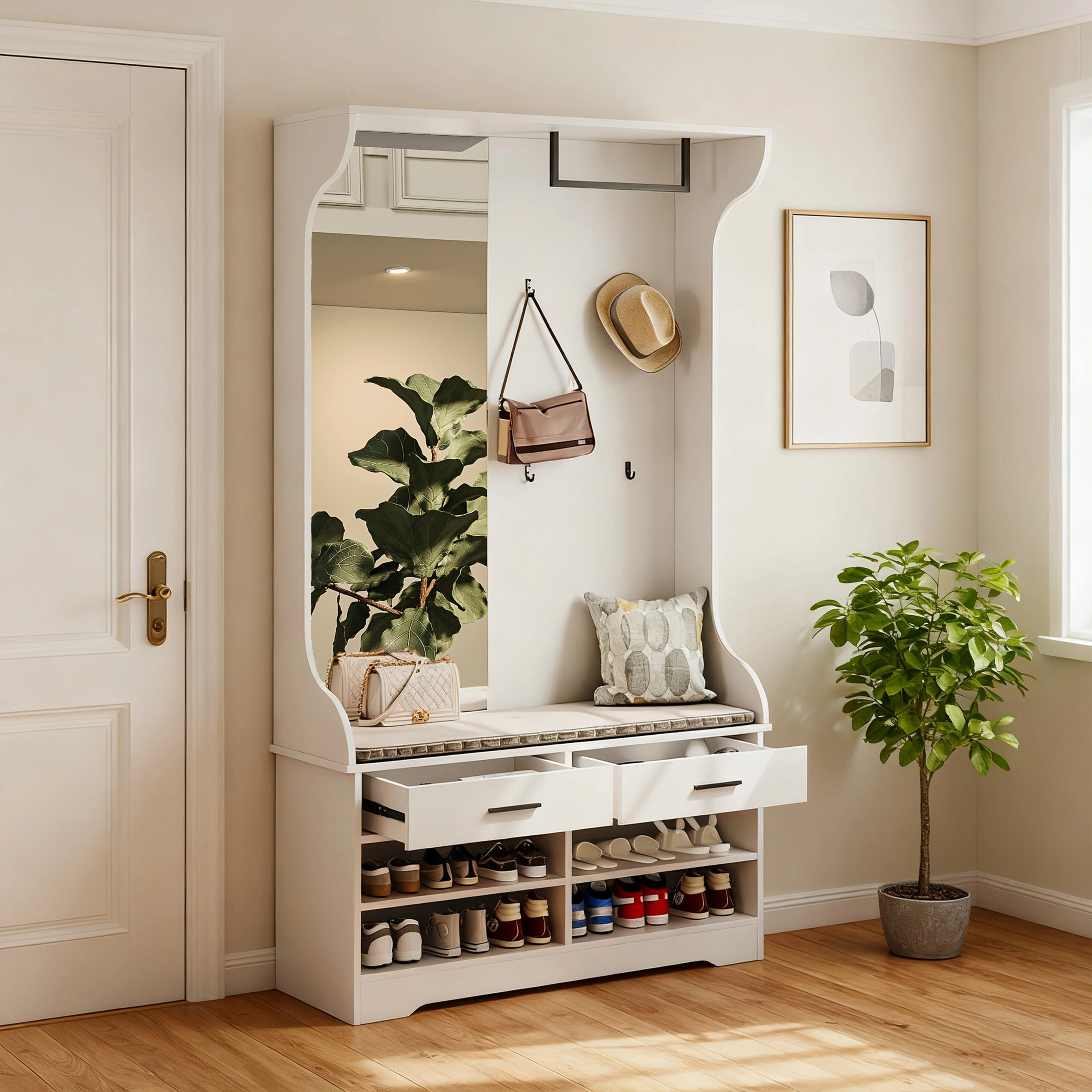 Ensemble de placard avec miroir, armoire de couloir avec 4 crochets, 2 tiroirs, meuble à chaussures, armoire de couloir avec support à linge, armoire murale, armoire compacte pour couloir étroit, 104x35x180cm, Blanc