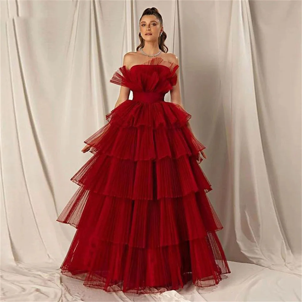 Amanda เจ้าหญิง Multi-Layer ชุดราตรี Strapless A-Line ชุดราตรี Elegant Claret فستان سهرة คำผู้หญิงอย่างเป็นทางการชุดพรหม