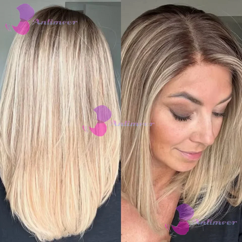 تسليط الضوء على مستقيم قصير بوب خصلات الشعر المستعار الإنسان قبل قطعها شقراء براون Balayaga 180% الكثافة 13x4 الدانتيل الجبهة الباروكات مع شعر الطفل