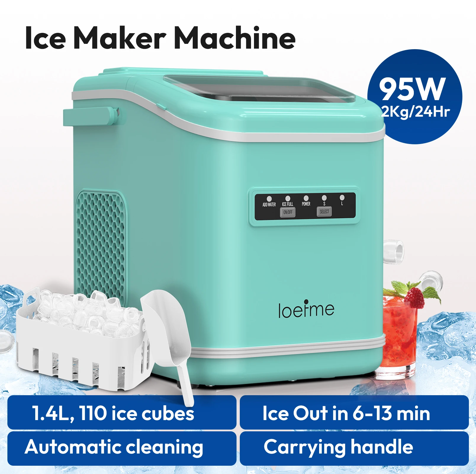LOEFME IJsblokjesmachine 15kg/24u 16 IJsblokjes in 6-20 Min Digitaal Display Timer 1,5L Waterreservoir met Instelbare Ijsdikte