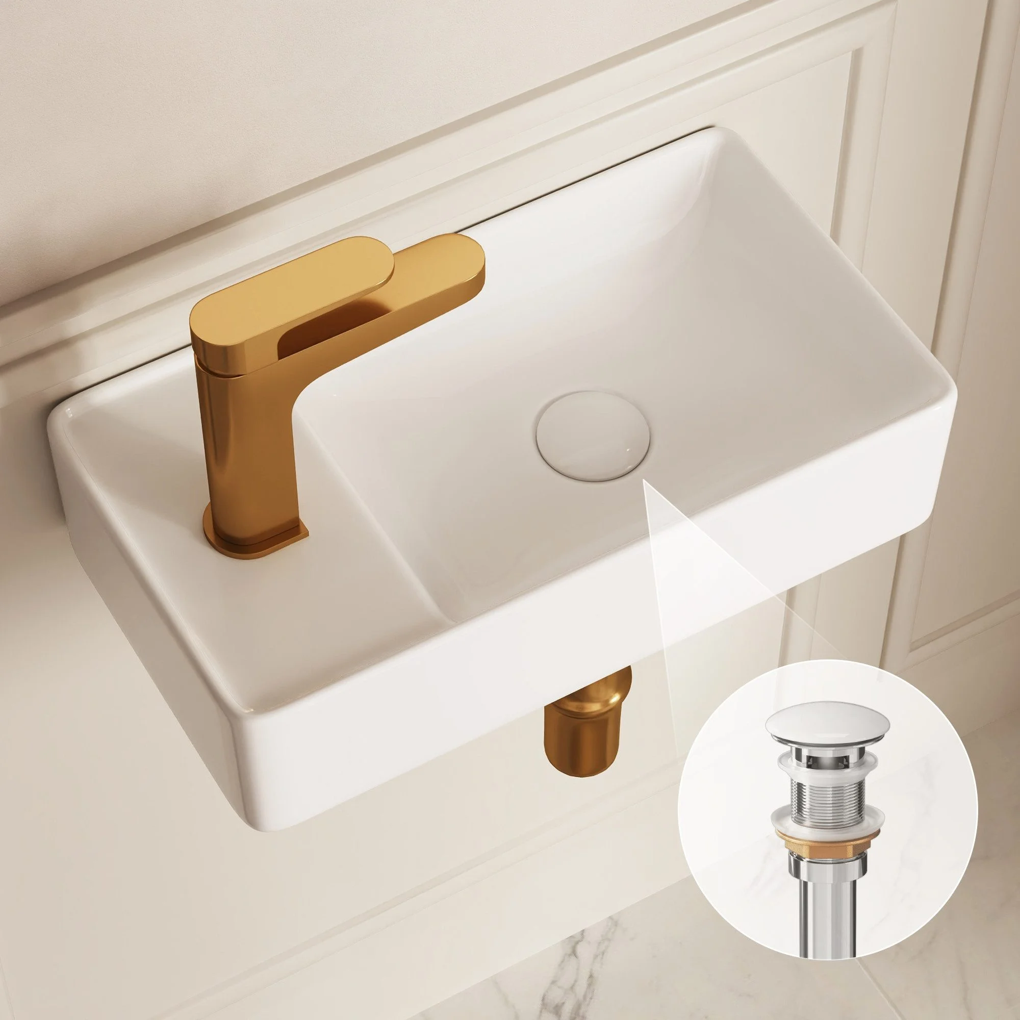 Lavabo a parete DeerValley, lavabo da bagno bianco, dimensioni 45,5 x 25 cm, con scarico a pressione, lavabo compatto per lavarsi le mani, lavabo salvaspazio per bagno di servizio, bagno privato e