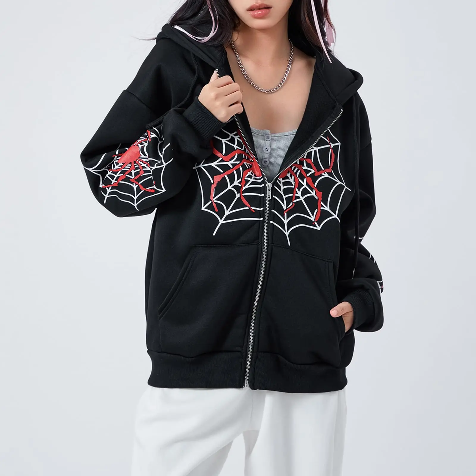 Men Women Full‑Zip Hooded Sweatshirt, Dark Y2K Alt Street Jacket with Red Spider White Spider‑Web Graphic, Loose Casual Zip Hoodie