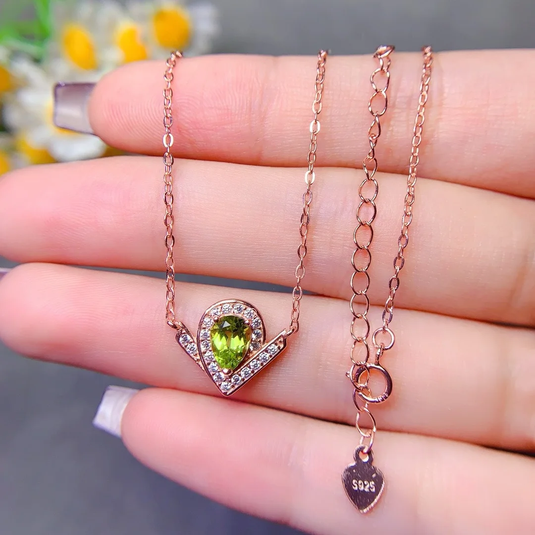 jewelry women's natural gemstone necklace collarbone chain 925 sterling silver electroplated 18K rose gold 5x7mm olivine style