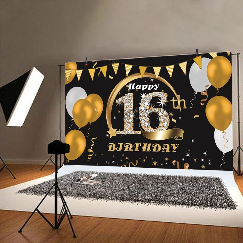 Black Gold 16th Backdrop Balloons Boys Girls 16 Years Old Birthday Party Customized Photo Background Cake Table Decor Banner