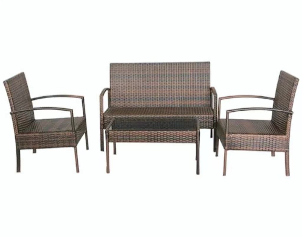 Outdoor Furniture Set of 4 : 4 Seater Plastic Rattan Metal Frame Patio Sofa with Soft Cushion Black Tempered Glass Coffee Table