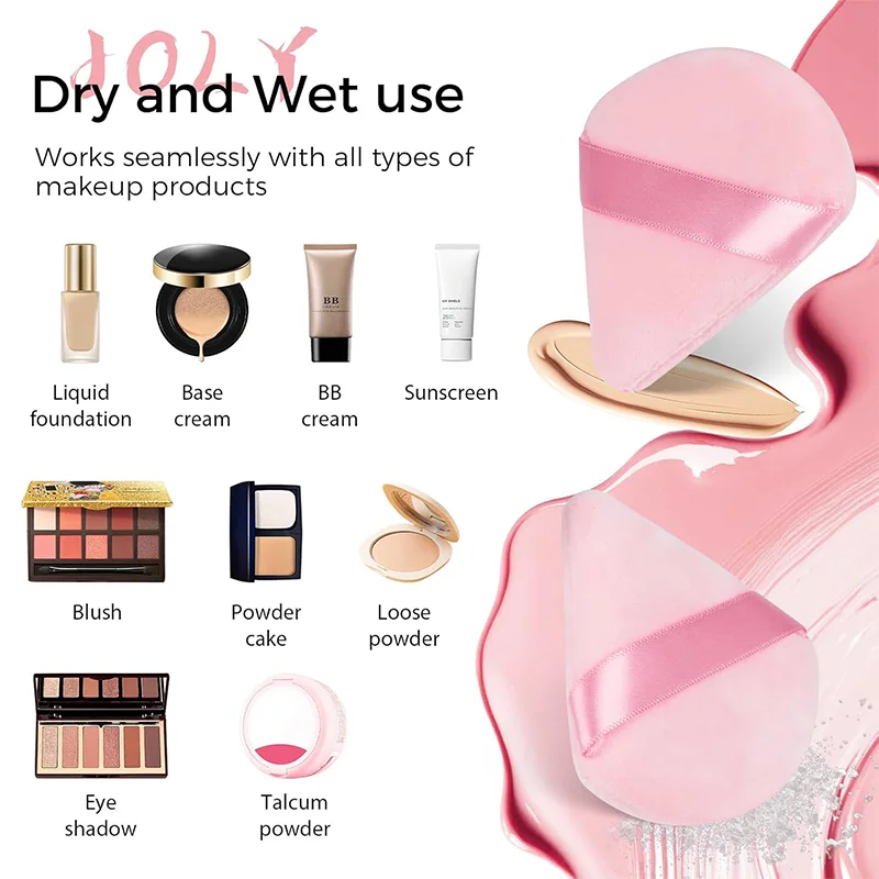 Doppelseitiger rosa Puderquaste, 5er-Pack – dreieckige Form, nicht saugfähig, zum Fixieren von Puder- und flüssigen Grundierung, weich und wiederverwendbar