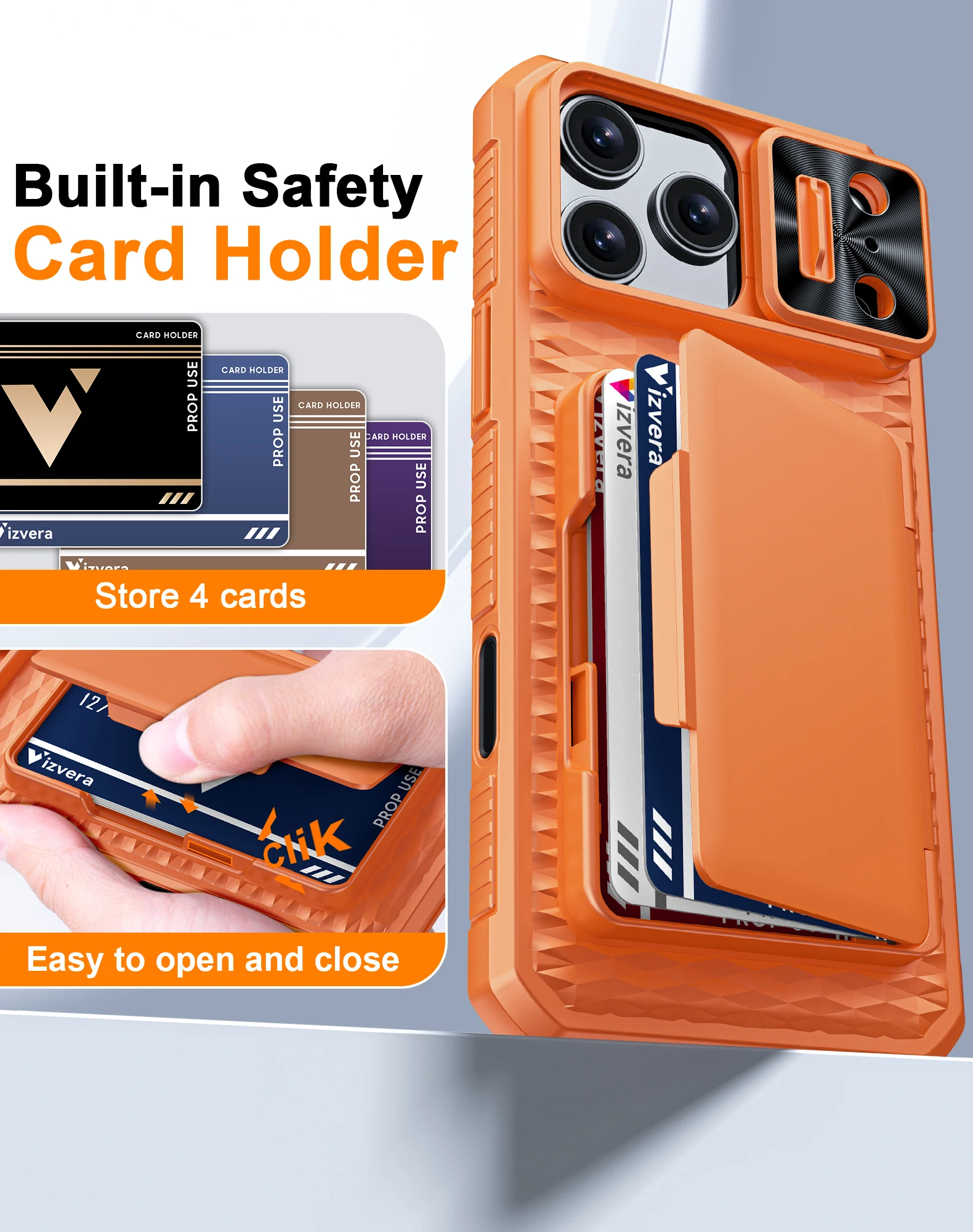 For iPhone 17 Pro Max With Card Holder Sliding Camera Cover And Stand Phone Case, Anti-Fall PC+TPU Wallet Case-Orange