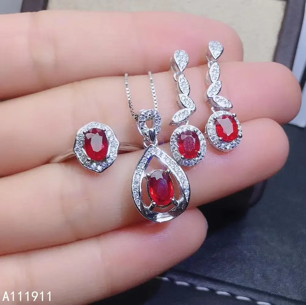 KJJEAXCMY fine jewelry 925 sterling silver inlaid Natural ruby Ring Necklace Earring exquisite Suit Support Detection Exquisite