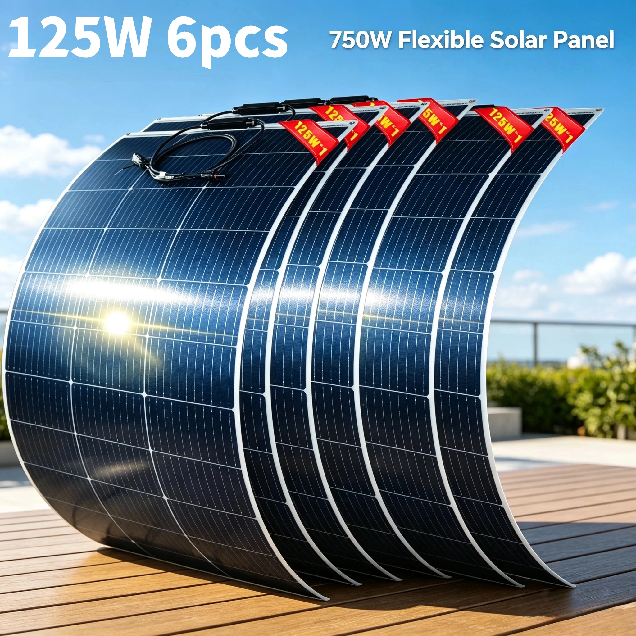 750-W-Solarpanel-Set, flexibel, 6 Stück 125-W-PET-Monokristalline Solarpaneele, hocheffizientes, wasserdichtes Solarmodul für Wohnmobile, Boote, Yachten, Camping, den Einsatz auf See und zum Aufladen