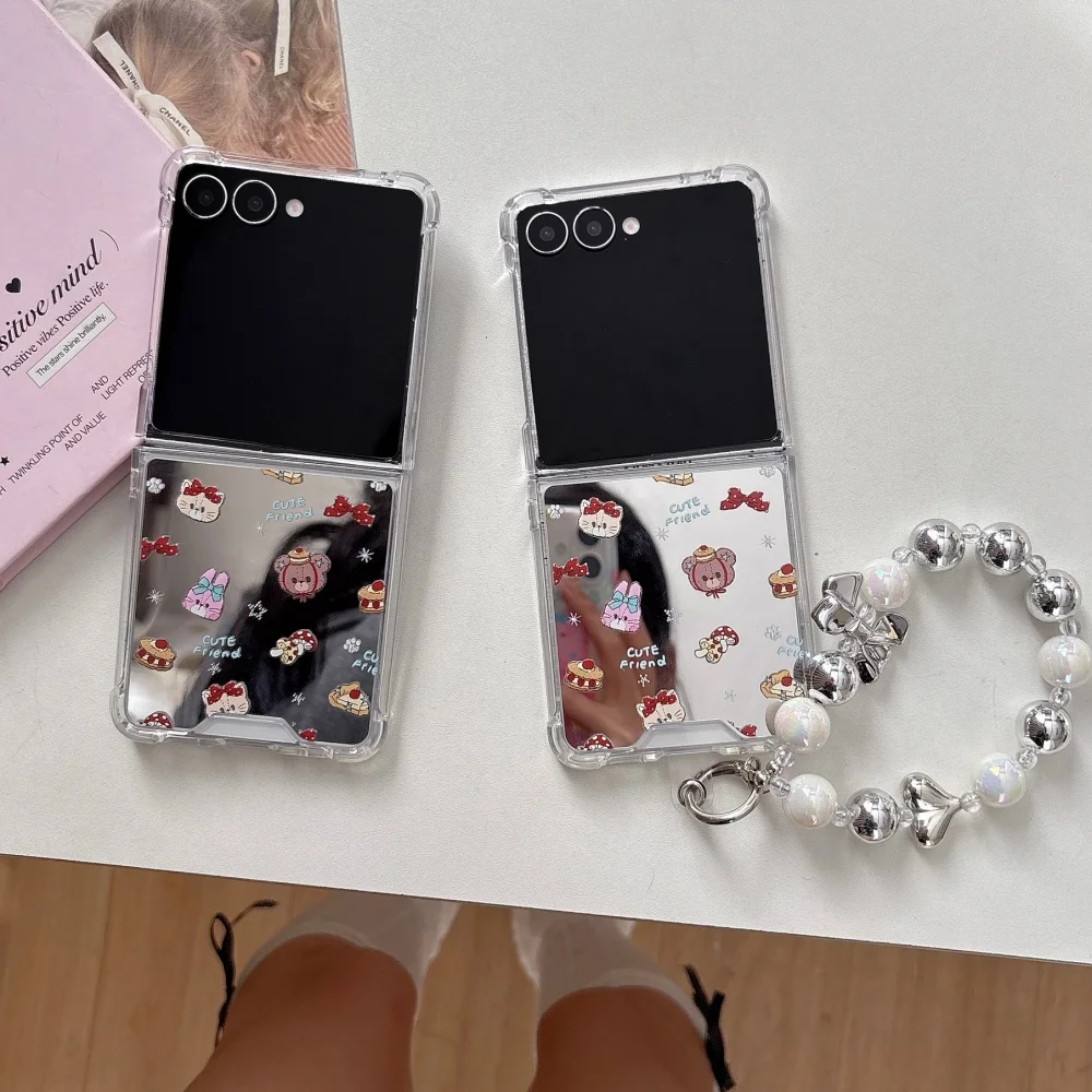 

Cute doll cat and bear party mirror phone case, suitable for Samsung Z Flip3 4/5/6/7, nice new shockproof protective case