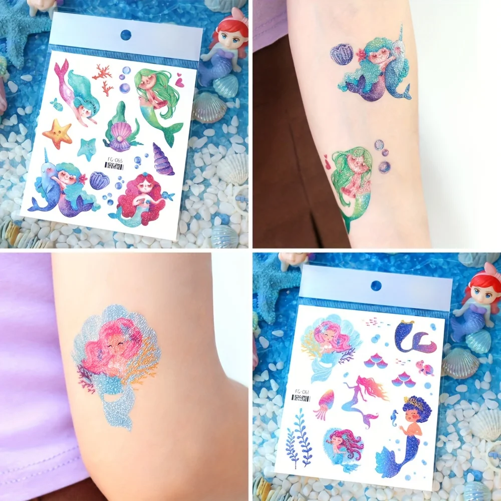 12 Sheets Glitter Unicorn Mermaid Temporary Tattoo Stickers For Kids Cartoon Rainbow Tattoos Cute Waterproof Body Art Fake Tatoo