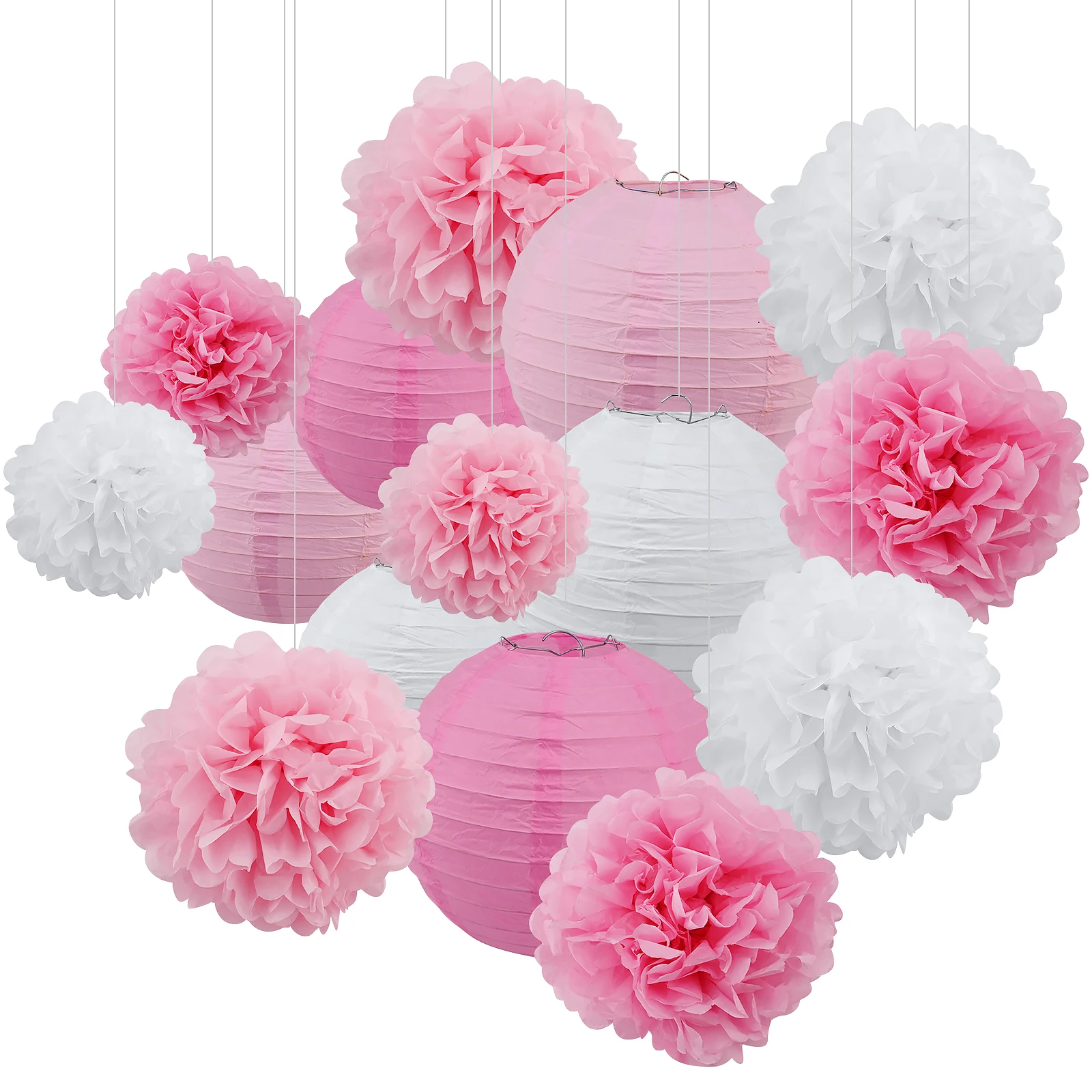 15Pcs Tissue Paper Pom Poms Lanterns Wedding Decorations Tissue Pom Poms Kit White Pink Tissue Paper Flower Ball Ceiling Hanging