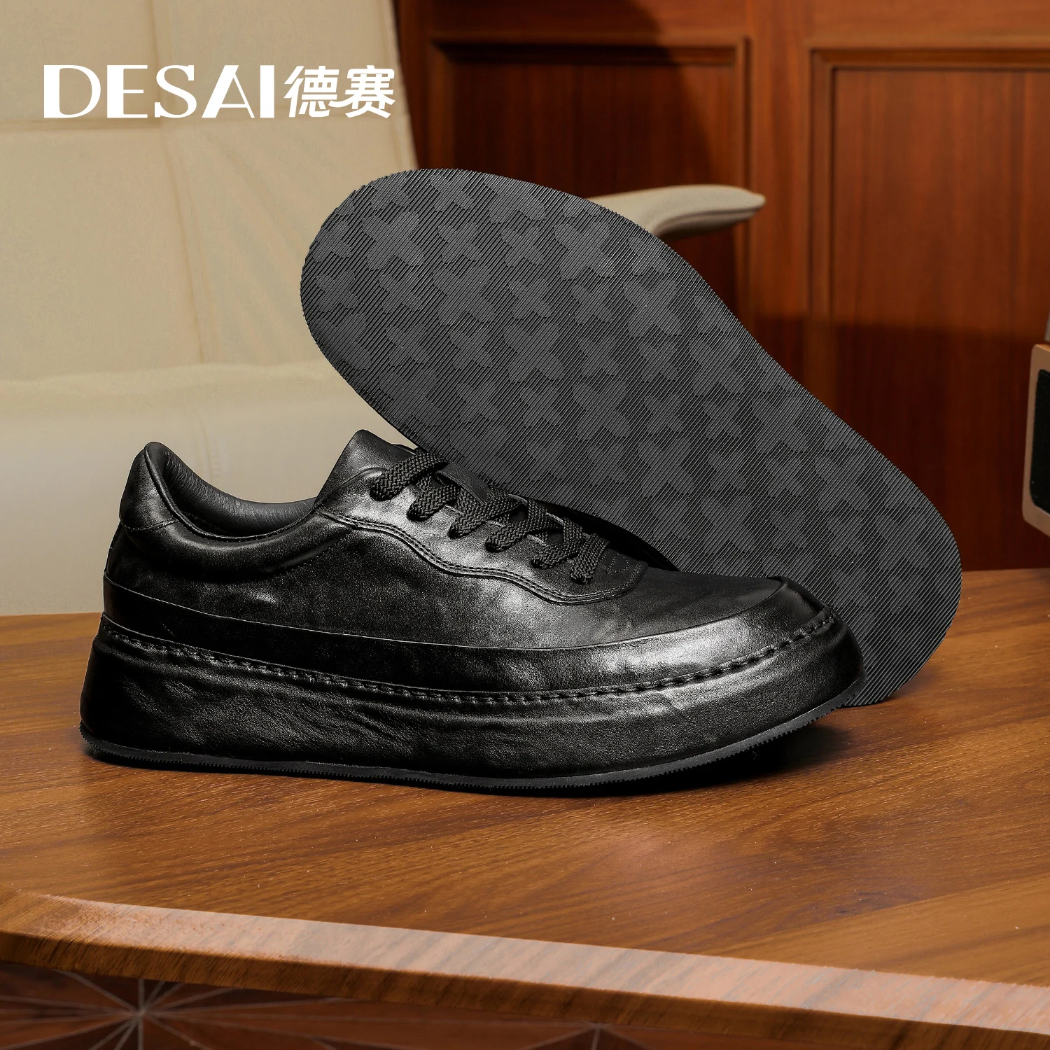 Desai [Leather bottom] winter leather casual shoes men\'s increase soft soled board shoes black low-top fashion men\'s shoes