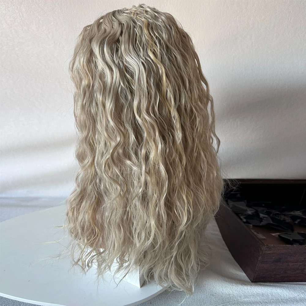 Peluca rizada rubia larga de 26 "para mujer, fibra resistente al calor, encaje frontal sintético, mezcla de cabello humano, uso diario