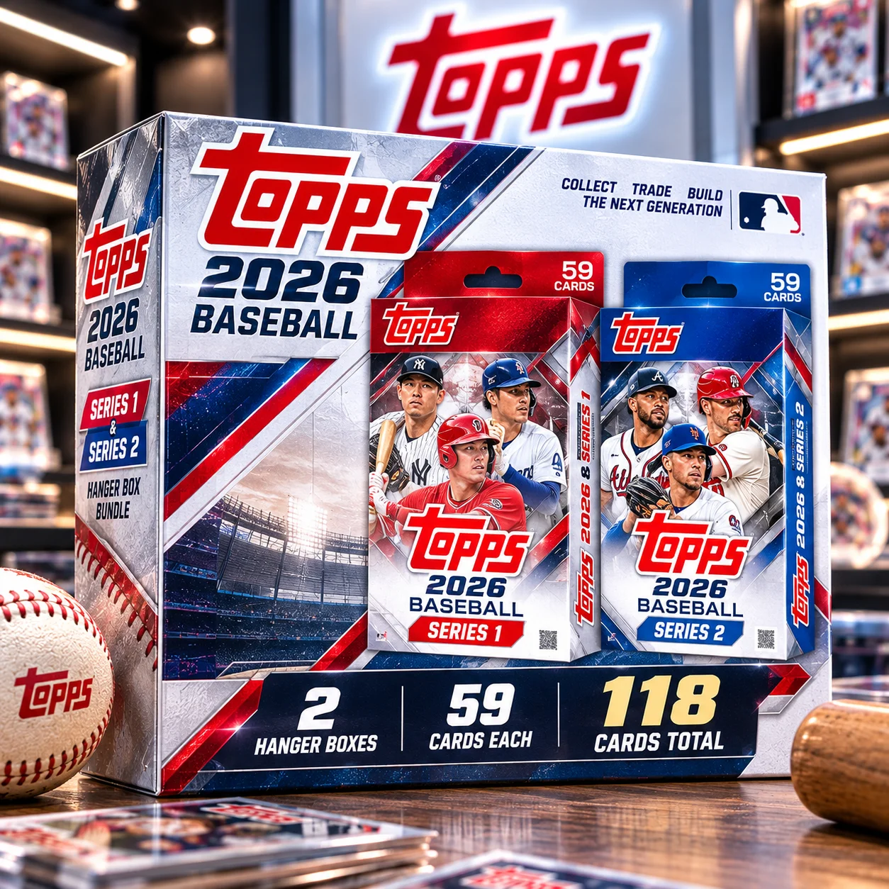 118 Cards 2026 Topps Baseball Series 1 & Series 2 Hanger Box Combo, 2 Factory Sealed Boxes with 59 Cards Each, Baseball Trading Card Collector Bundle for Pack Opening, Trading, Collection Building, Christmas Gifts & Holiday Gift Giving