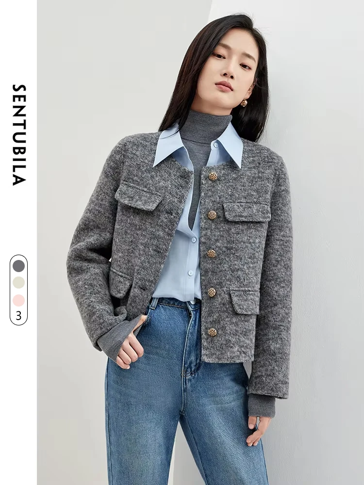 SENTUBILA Women Woolen Cropped Jacket 2024 Elegant Wool Blend Short Winter Coat Long Sleeve Double-faced Outerwear W34O49414