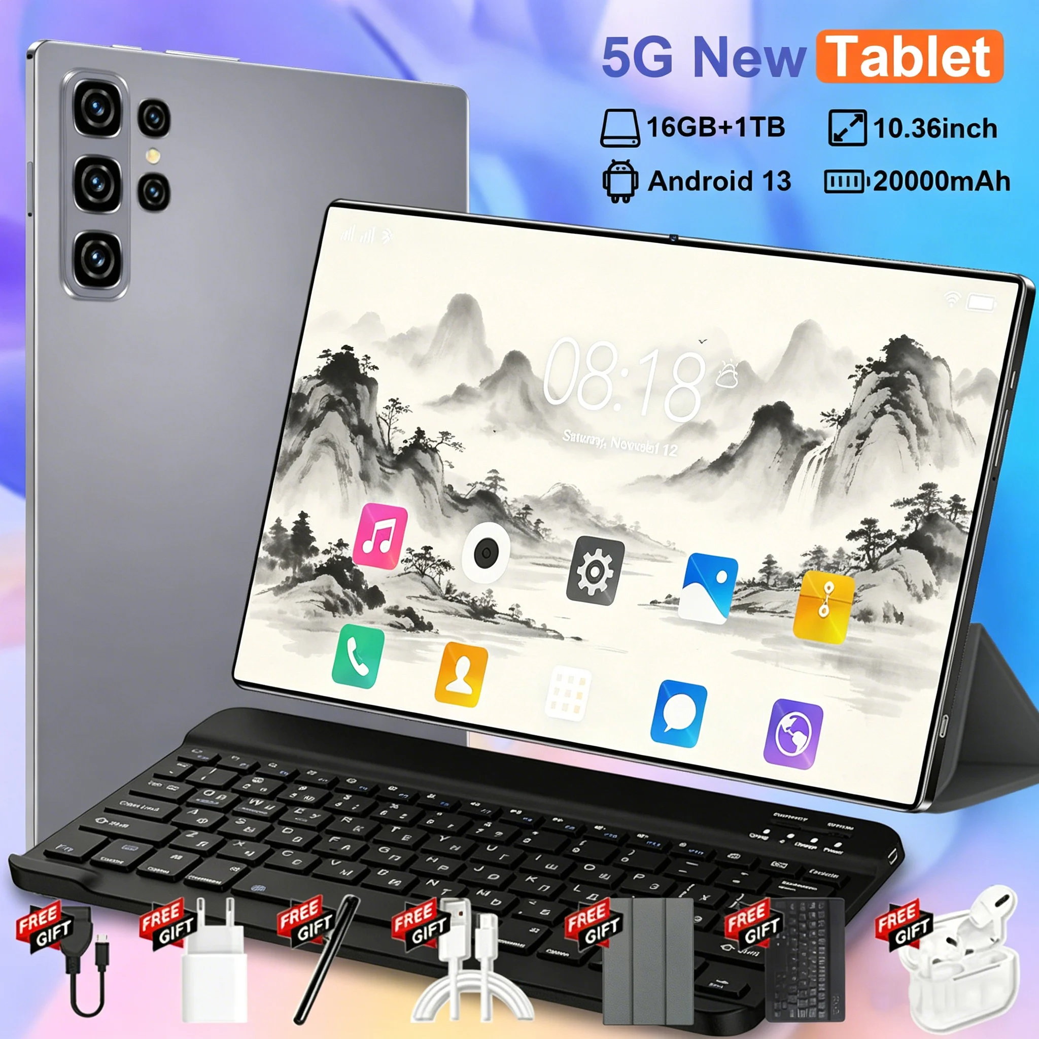 Tablette PC 10,36 pouces Android 13 5G avec double caméra, double SIM, processeur 14 cœurs, Google Play, Bluetooth, Wifi, 16 Go de RAM + 1 To de ROM