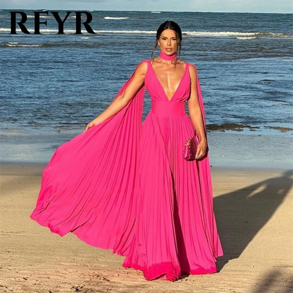 

RFYR V-neck Beach Evening Dresses Pleat Fuchsia Chiffon Prom Dress With Scarf Cape Sexy Backless Vestidos De Festa Customized