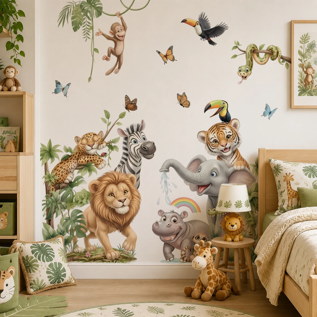 Cartoon Jungle Animal Wall Stickers Safari Lion Elephant Tiger Decal Removable PVC Nursery Mural Wallpaper Home Decor