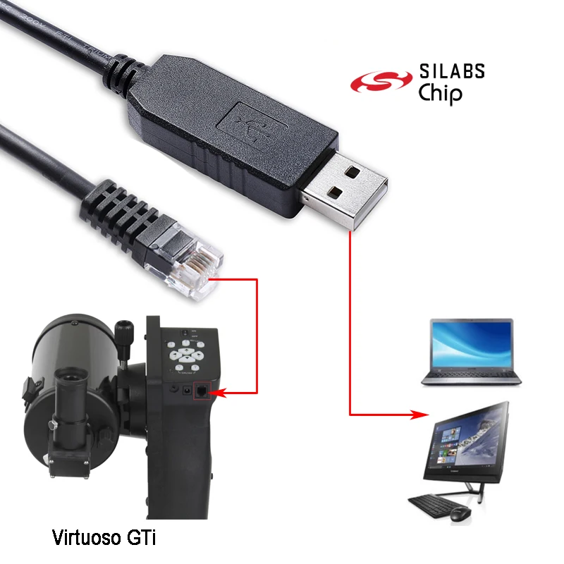 

Skywatcher Virtuoso GTI Mount PC Link Communication EQMOD Cable CP2102 USB Uart TTL to RJ12 6P6C PC Control Cable