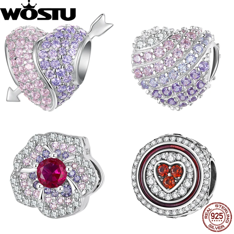 

WOSTU 925 Sterling Silver Bi Color Heart Flower Charm Colorful Zircon Bead For Women Fit Original Bracelet Bangle Jewelry Making