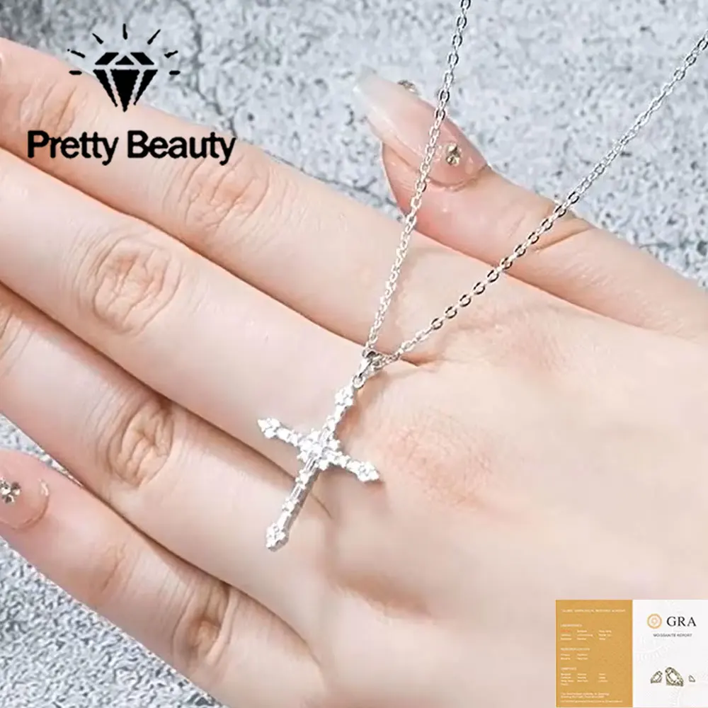 Pretty Beauty S925 Sterling Silver Moissanite Cross Pendant Necklace for Women Emerald Cut Diamond Religious Jewelry Faith Gift