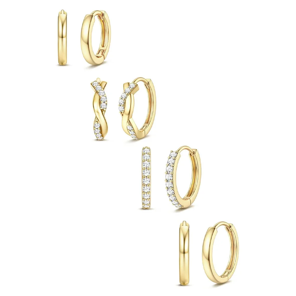 4/1 par de pendientes de aro circulares de acero inoxidable con circonita, pendientes de Piercing de cartílago chapados en oro de 14 quilates para mujeres y hombres al por mayor