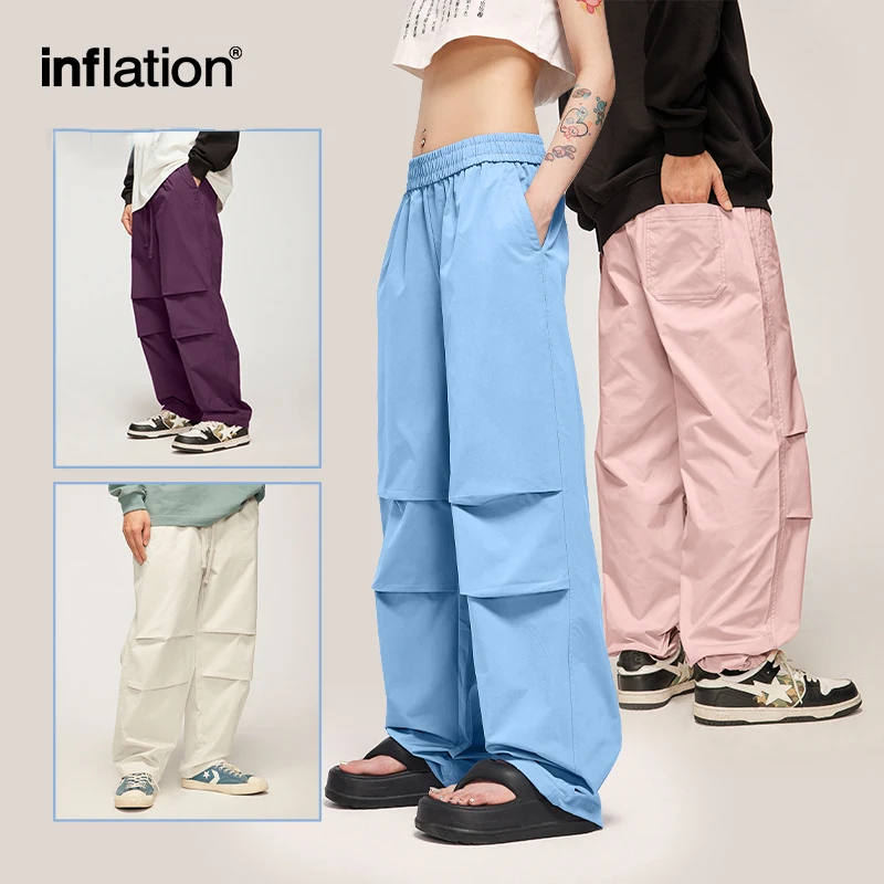 INFLATION Streetwear Parachute Pants Unisex 2024 Trendy Elastic Waist Hip Hop Trousers Mens Cargo Pants