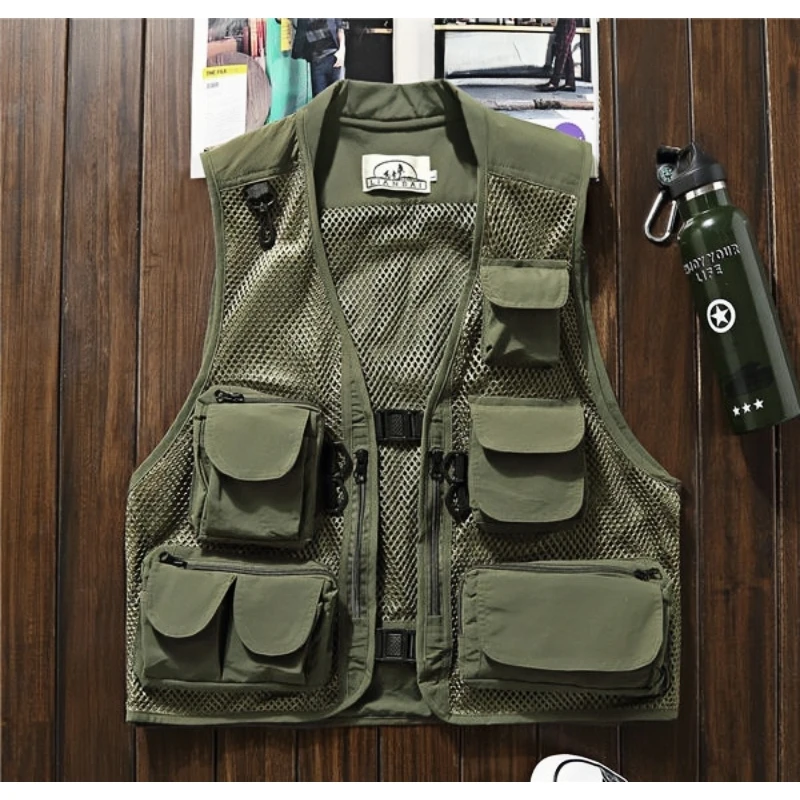 Summer Baggy Causal Mens Mesh Vest Multi Pocket Photographers Male Sleeveless Jackets Gauze Green Camouflage Waistcoat for Men
