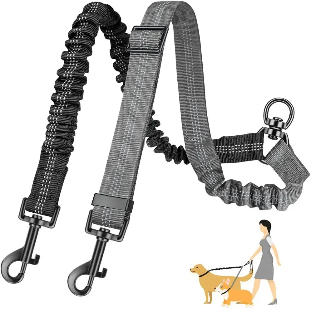 Two Dog Lead 2 in 1 Upgraded Double Dog Leash Attachment, Adjustable Strap, Shock Absorbing Bungee, No Tangle, Attachment