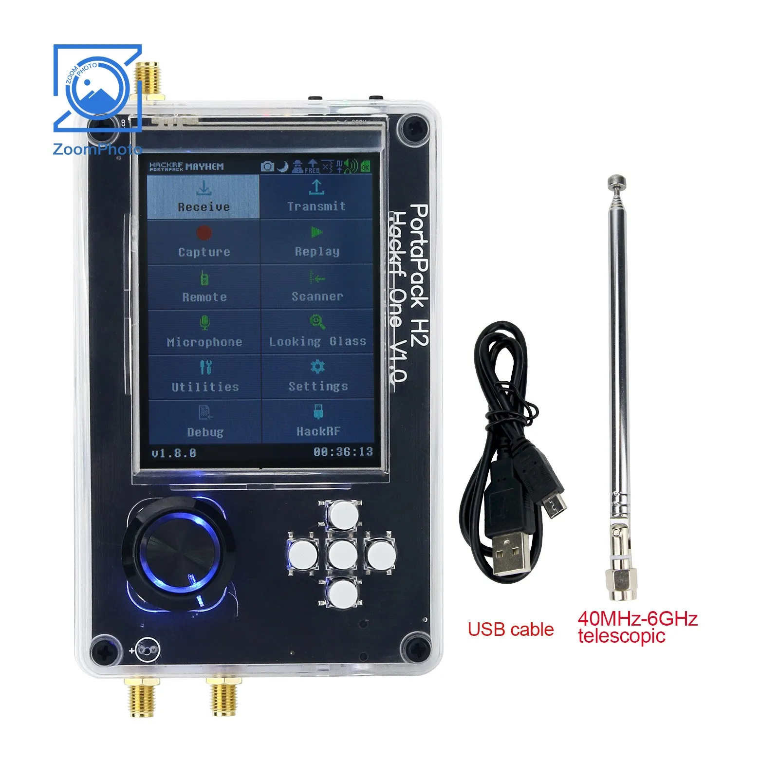 هوائي HackRF One PortaPack H2 ، R9 V2.0.0 ، شاشة LCD مطورة ، هيكل مُجمع وكابل USB