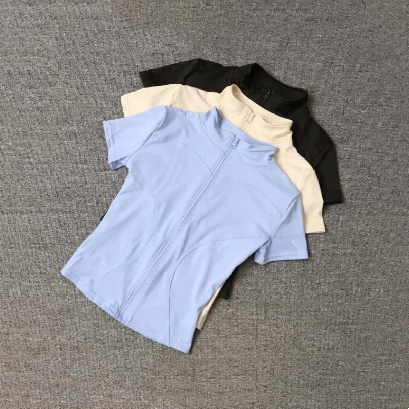 Zomer hoge kwaliteit taille afslanktraining tops dames sneldrogende strakke opstaande kraag volledige ritssluiting korte mouwen yoga shirts - afbeelding 2