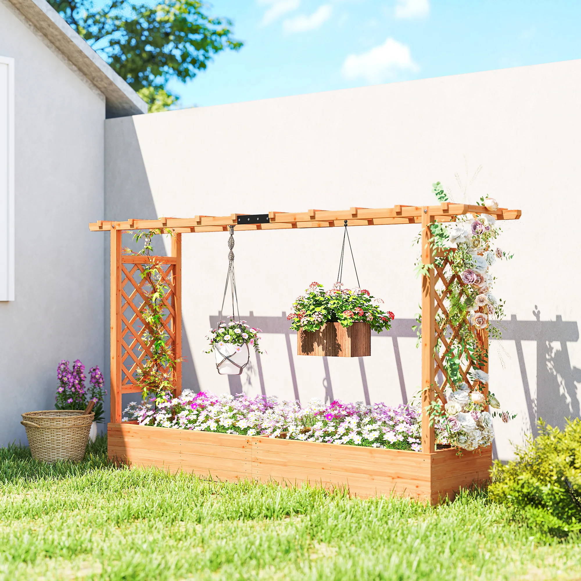 Freistehender Holz-Pflanzkasten mit Pergola-Hängeschiene & Doppel-Diamantgitter, Wetterfester 3D-Blumenbogen Gartenbedarf Zubehör, Multifunktionaler Vertikaler Garten-Raumteiler für Hinterhof Terrasse