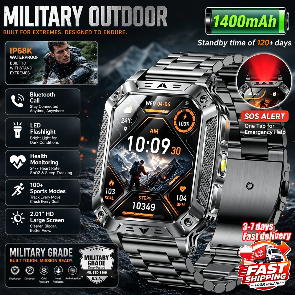 Nouvelle montre intelligente militaire pour hommes 2026, batterie de 1400 mAh, écran AMOLED 2,01", étanche IP68, horloge de sport, moniteur de fréquence cardiaque, SOS, lampe de poche LED, montres intelligentes
