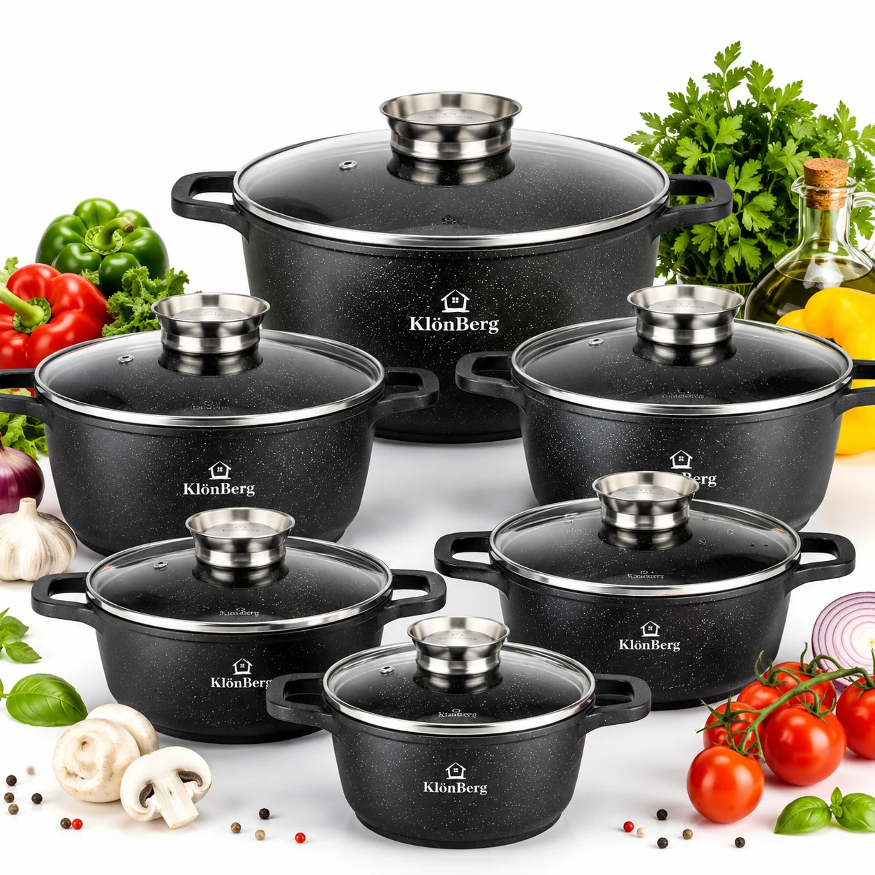 12-delige KlönBerg kookset | Marmercoating | Pot | met deksel | Anti-aanbaklaag | Geschikt voor inductiekookplaten | Perfect cadeau | Compatibel met alle soorten kookapparatuur |