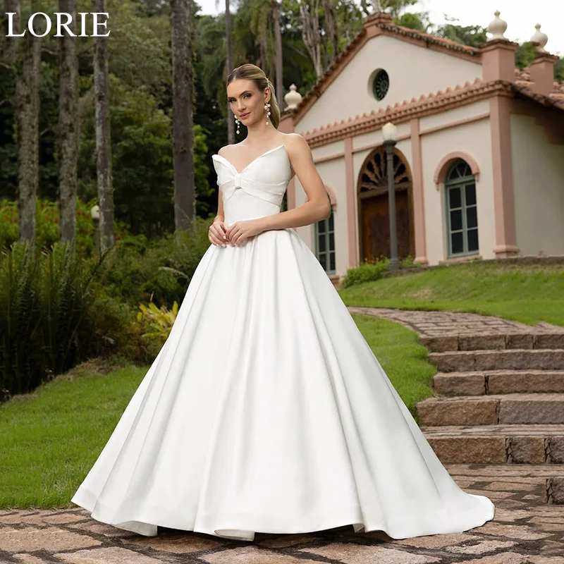 

LORIE Elegant Satin Bow Strapless Wedding Dresses A-Line Sleeveless Bride Prom Gown Pleated Bridal Gowns Customized