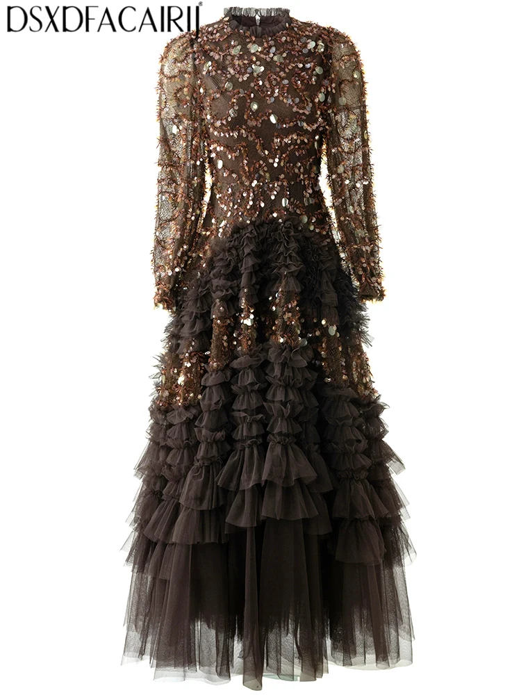 DSXDFACAIRIJ Women's O-Neck Lantern Sleeve Sequins Flounced edge Decorate Spring Summer New model Vintage Exquisite Dresses