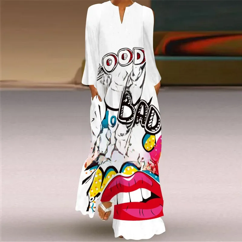 Sukienka damska Sundress z nadrukiem motyla 2023, wiosenna, vintage, z długim rękawem, dekoltem w szpic, Maxi, eleganckie, długie sukienki damskie, kobiece Vestidos — zdjęcie 2