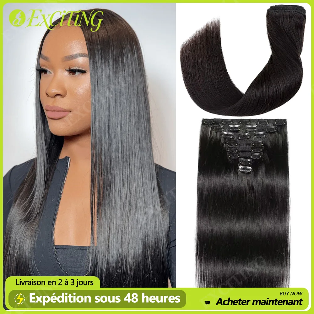 120g/8Pcs Clip In Hair Extensions Brésilien Lisse Couleur Noir Naturel 100% Cheveux Humains Remy Doux et Soyeux Haute Qualité Livraison Rapide en France 1 à 3 Jours Pour Femmes