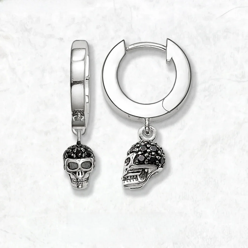 Zawiasach Hoop kolczyki czaszka Pave prezent w prawdziwe 925 Sterling Silver, styl europejski Rebel Punk biżuteria dla kobiet mężczyzn — zdjęcie 2