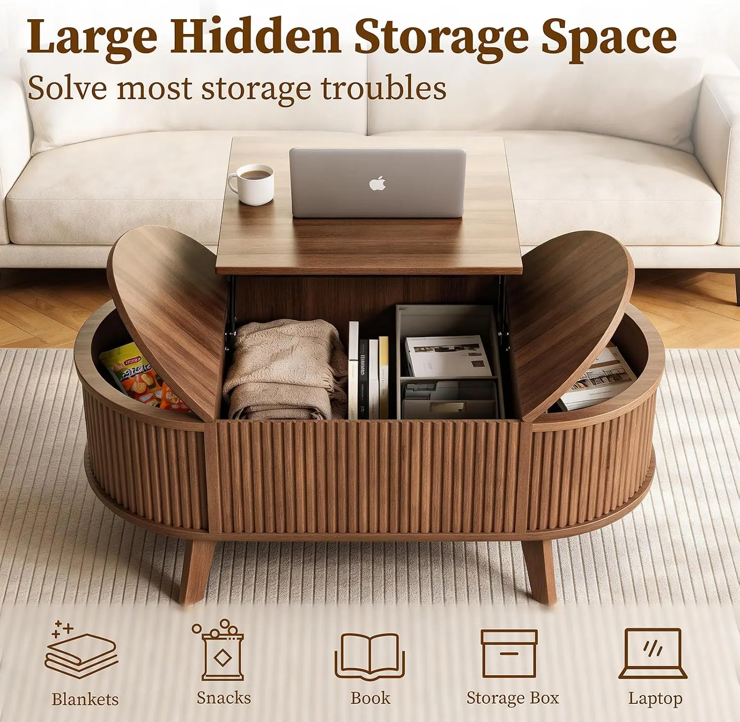 39.4" Oval Fluted Coffee Table with Lift Top, Hidden Storage, Walnut Mid Century Modern Farmhouse Small Center Table for Living Room, Home Office With 3 Compartments image 6