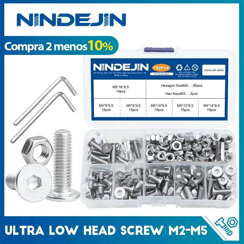 NINDEJIN-Parafuso de cabeça de aço inoxidável com kit de porcas, perfil ultra baixo, soquete hexagonal, bolacha fina plana, M2, M2.5, M3, M4, M5