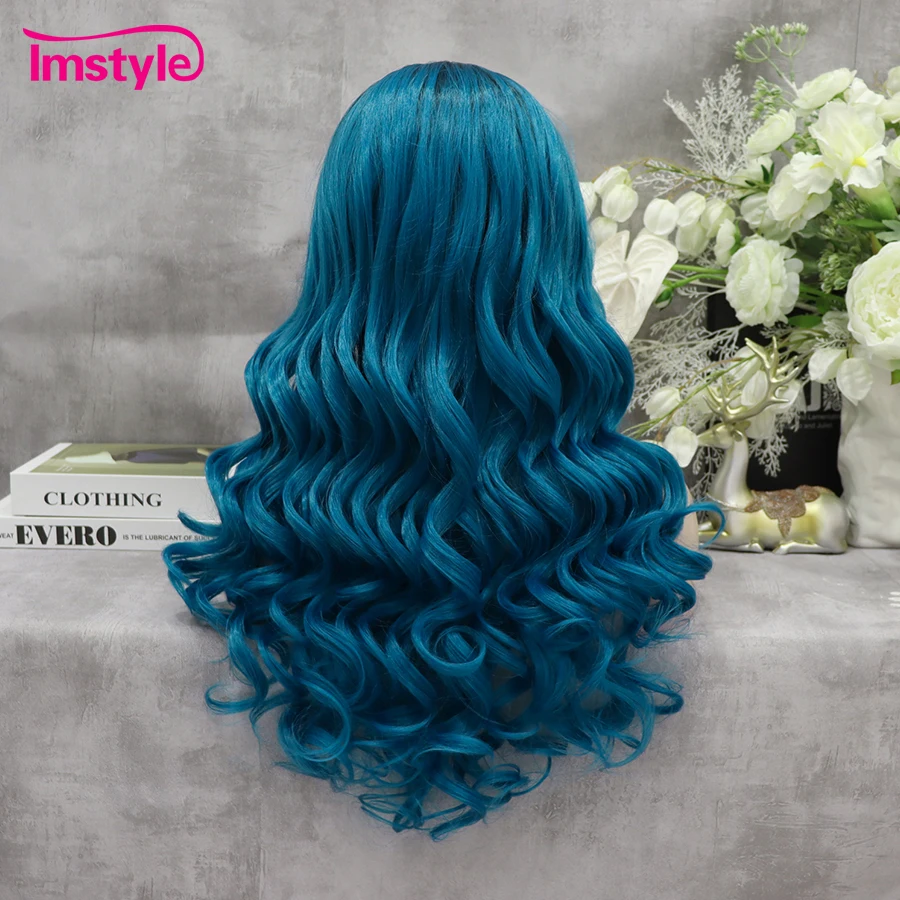 Imstyle Blue Wig Wavy Synthetic Lace Front Wig Dark Root Cosplay Wigs For Women Heat Resistant Fiber Lace Wigs