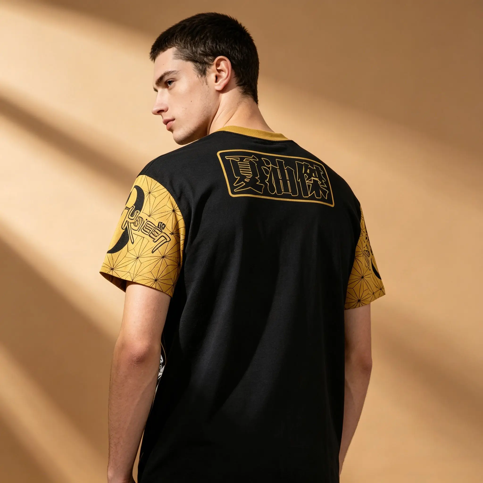 Men's Jujutsu Kaisen Geto Suguru Raglan T-Shirt, Yellow Hex Grid Anime Otaku Streetwear Short Sleeve Casual Tee